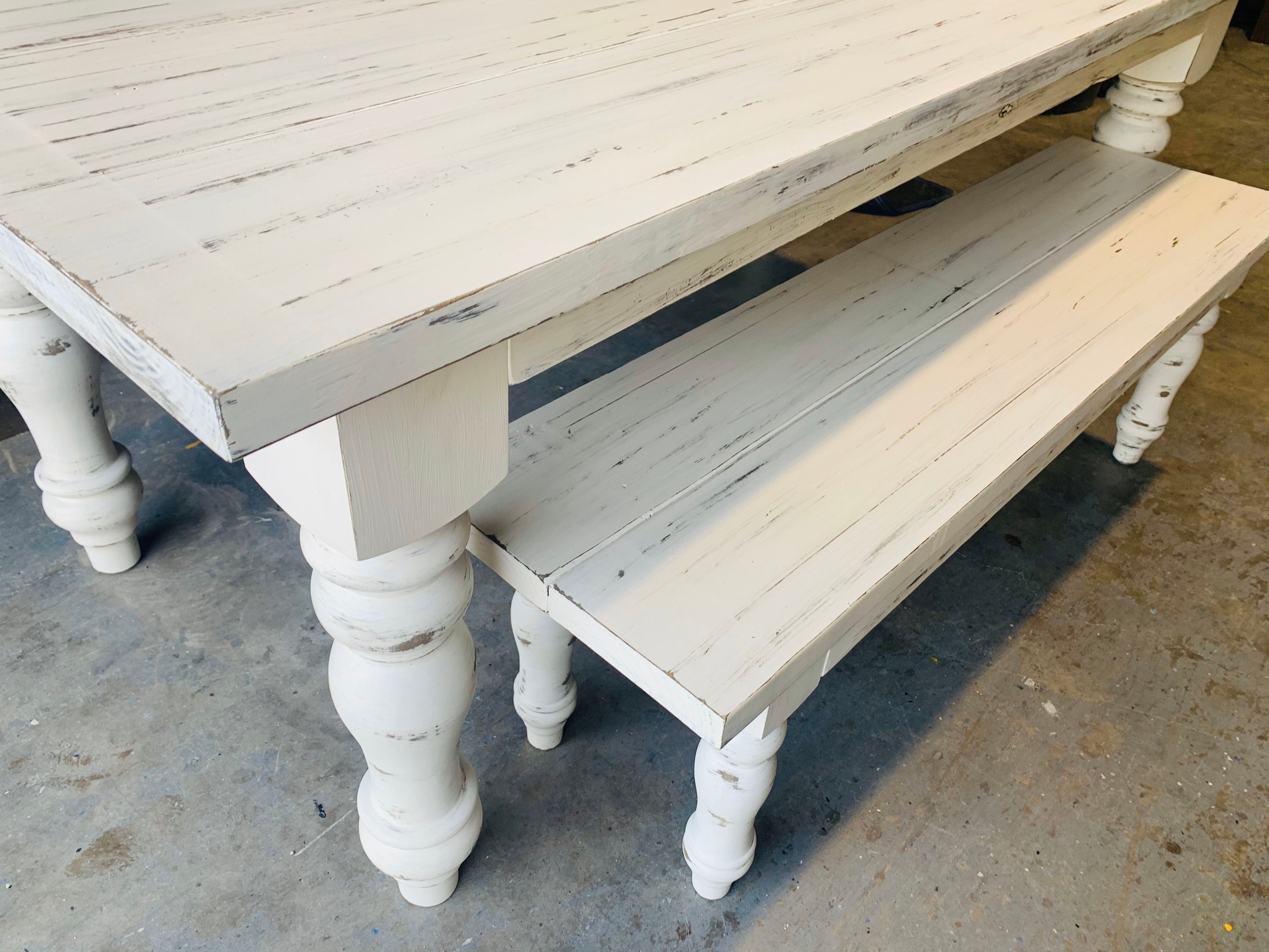 7ft Rustic Farmhouse Table And Bench With Turned Legs