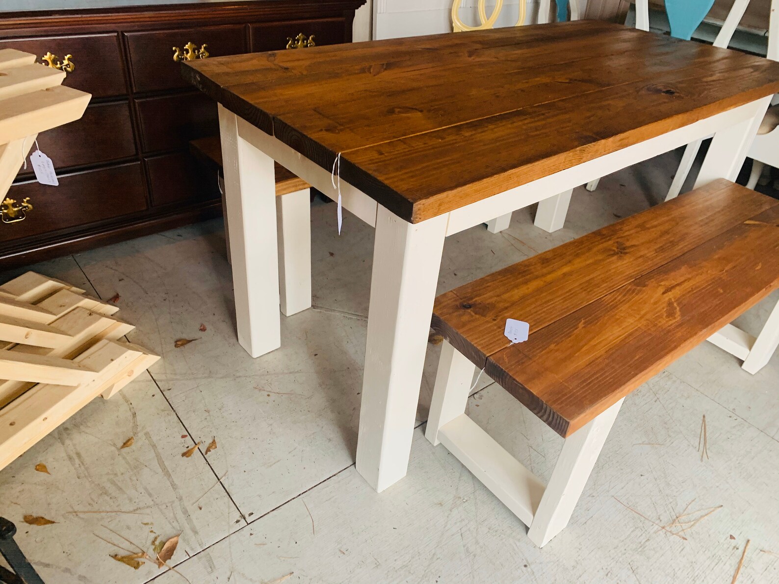 Narrow Rustic Farmhouse Table Set With Benches White Base and | Etsy