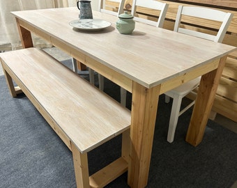 Oak Dining Set - Farmhouse Style Table - With Chairs and Bench - White Wash Top - Perfect Kitchen and Dining Set