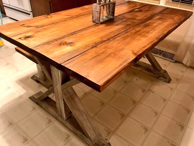 Small Rustic Pedestal Farmhouse Table With Bench Provincial Etsy