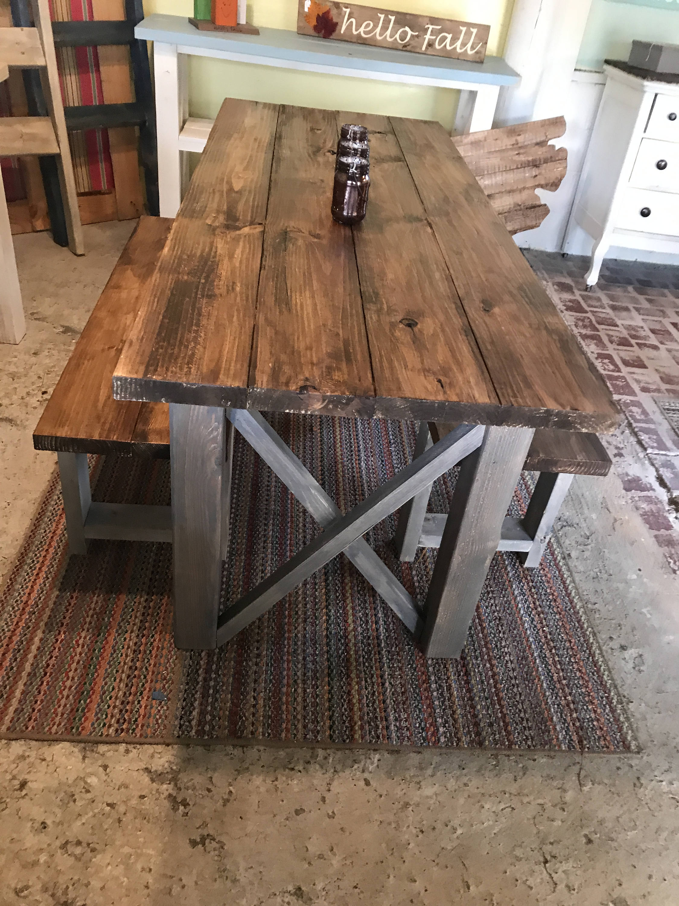 Rustic Wooden Farmhouse Table Set with Provincial Brown Top and Classic