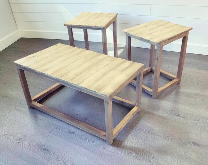 Farmhouse Coffee Table Set End Side Living Room Solid Wood Rustic Gray Wash Furniture