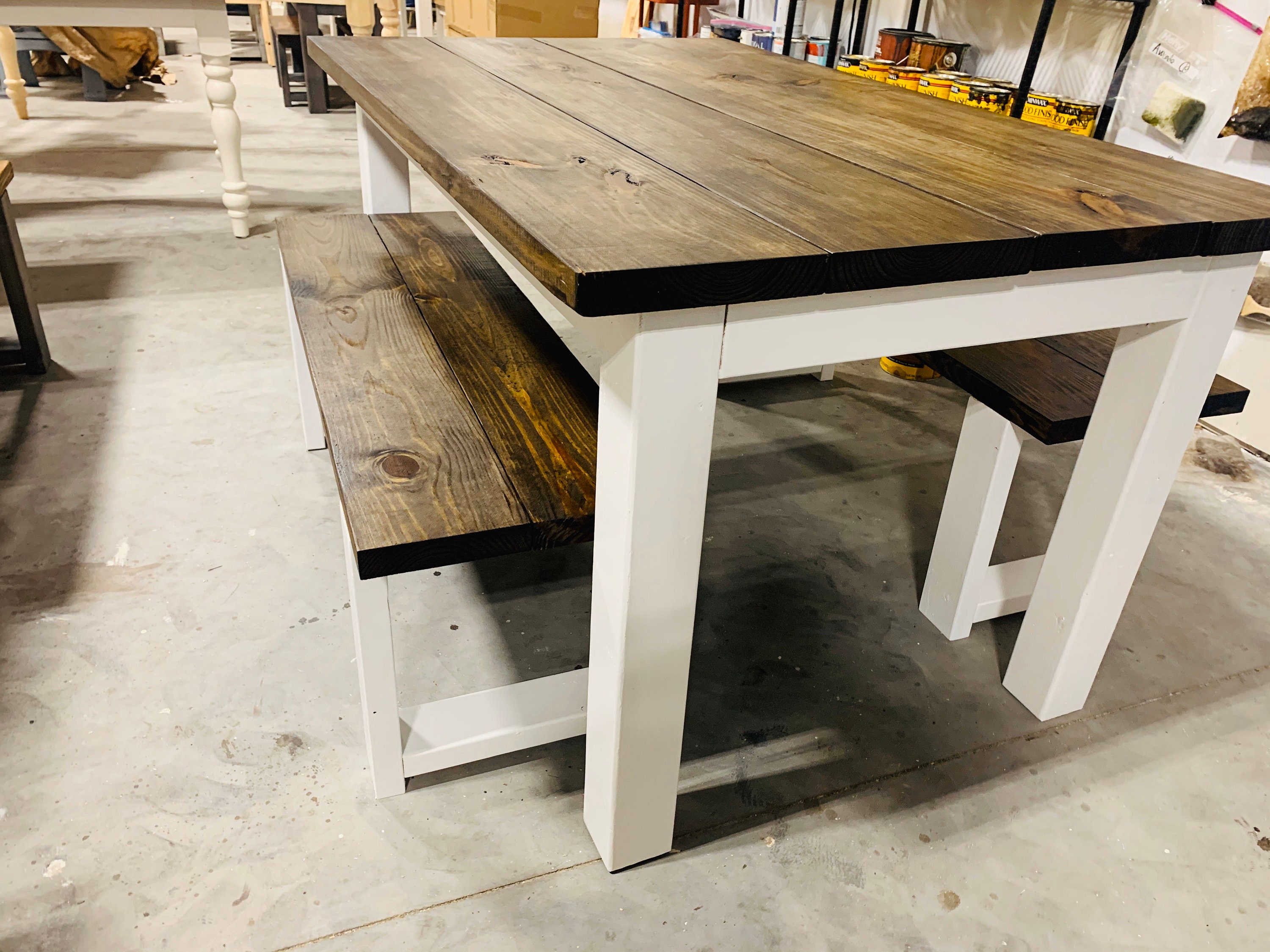 Farmhouse Table Set with Benches White Base and Dark Walnut Brown Top Dining Set with Kitchen Table Set Etsy