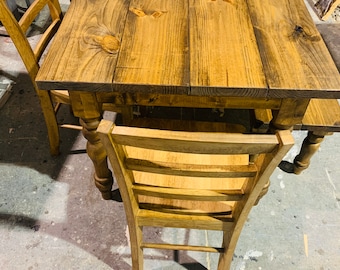 Stained Farmhouse Table with Turned Legs, Benches and Chairs, Early American Stain Finish, Dining Set with Wooden Ladder Back Chairs