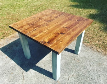 Square Farmhouse Table, Rustic Farmhouse Table, Provincial Brown Top Gray White Wash Base, Wooden Dining Table