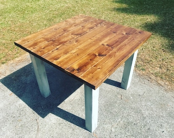 Square Farmhouse Table, Rustic Farmhouse Table, Provincial Brown Top Gray White Wash Base, Wooden Dining Table