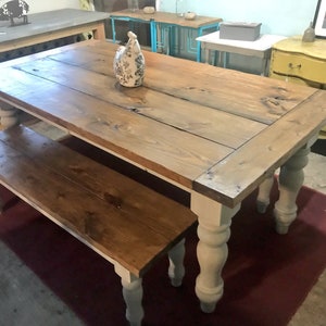 Farmhouse Table Set with Chunky Turned Legs and Breadboards , Two Benches, Provincial Brown Top and Gray Sun Bleached Stain Base