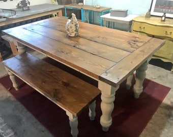 Farmhouse Table Set with Chunky Turned Legs and Breadboards , Two Benches, Provincial Brown Top and Gray Sun Bleached Stain Base