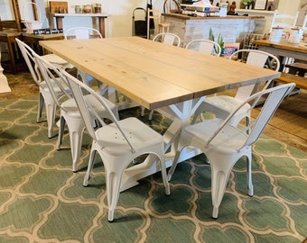 6ft Rustic Farmhouse Table Set With White Chairs , Gray Stained  Finish, Pure White Base Wooden Wide Dining Set