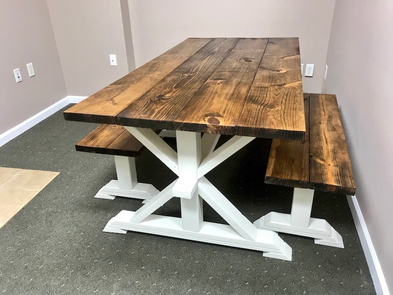 Rustic Pedestal Farmhouse Table With Benches Provincial Brown With ...