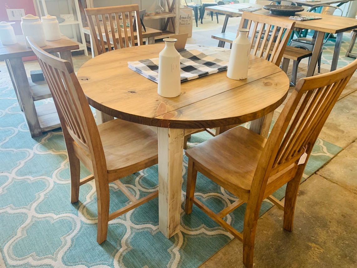 Round Rustic Farmhouse Table With Chairs Four Leg Base - Etsy