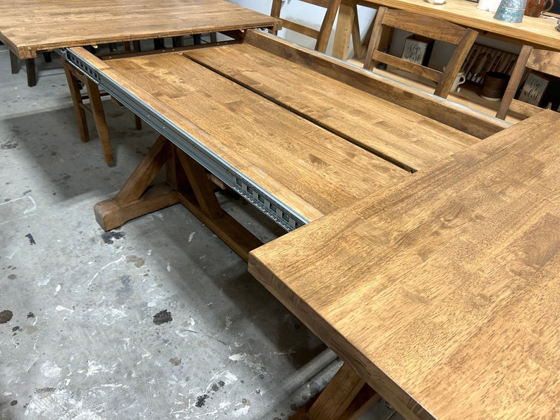 Extendable Farmhouse Table, Two Leaf Dining Set with Chairs, Modern Trestle Style Base, Stained Provincial Brown, Hardwood image 8