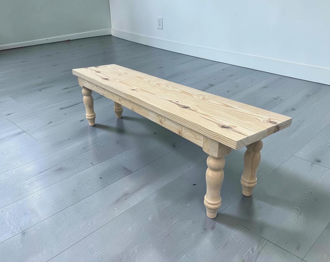 Unfinished Pine Wood Farmhouse Bench with Turned Legs