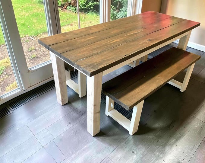 Farmhouse Dining Table Set 6ft Rustic Kitchen Bench Solid Wood Handmade Furniture