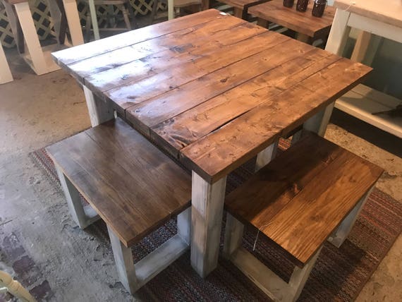 Square Farmhouse Table Rustic, Small Farmhouse Dining Table Set With Bench