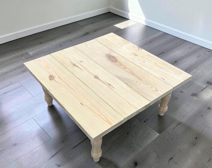DIY Coffee Table Kit Unfinished Wood Top Turned Legs Rustic Farmhouse Living Room Furniture