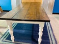 Rustic Farmhouse Dining Table: 7ft Dark Walnut Top, Antique White Turned Legs