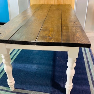 7ft Rustic Farmhouse Table with Turned Legs, Dark Walnut Top and Antique White Base, Wooden Dining Table
