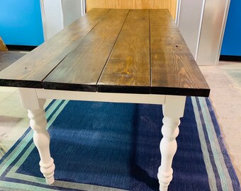 Rustic Farmhouse Dining Table: 7ft Dark Walnut Top, Antique White Turned Legs