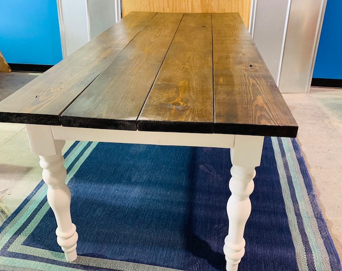 7ft Rustic Farmhouse Table with Turned Legs, Dark Walnut Top and Antique White Base, Wooden Dining Table