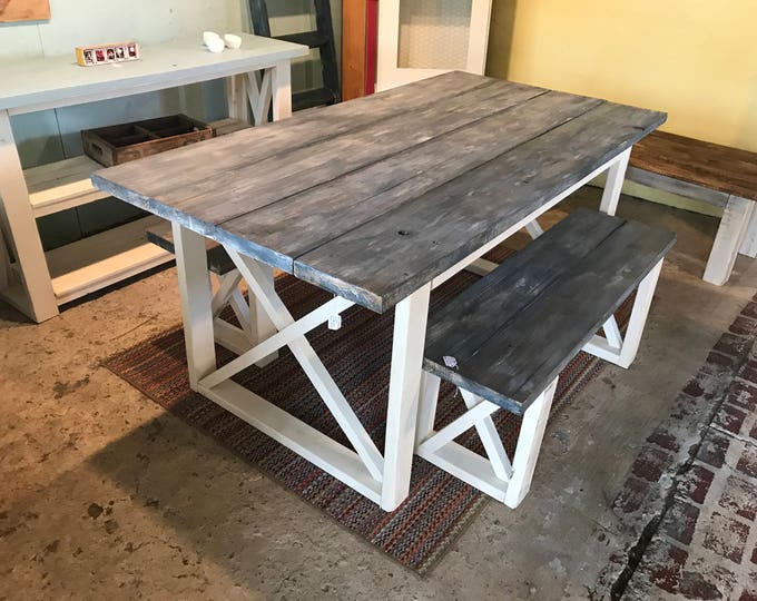 Rustic Farmhouse Table With Benches with White Wash Charcoal Stain Top and Weather White Base and Cross Brace Design