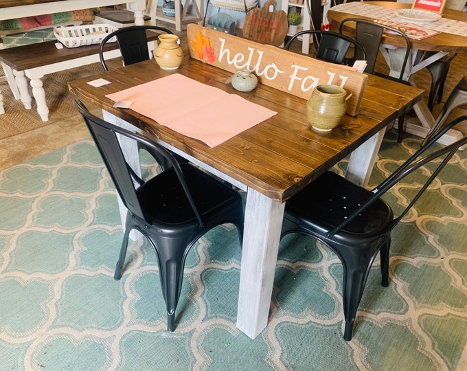 Square Farmhouse Table, Rustic Small Farmhouse Table, Dining Set with Black Metal Chairs, Provincial Top Distressed White Base