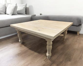 Square Coffee Table with Turned Table Legs - White Stain - Coastal Look and Feel
