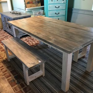 White Wash Farmhouse Table With Benches Rustic Wooden Gray White Wash Stock and Creamy White Base Dining or Kitcen Table