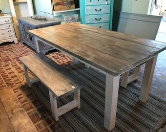 White Wash Farmhouse Table With Benches Rustic Wooden Gray White Wash Stock and Creamy White Base Dining or Kitcen Table