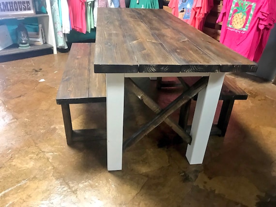 Rustic Wooden Farmhouse Table Set With Dark Walnut Brown Top and