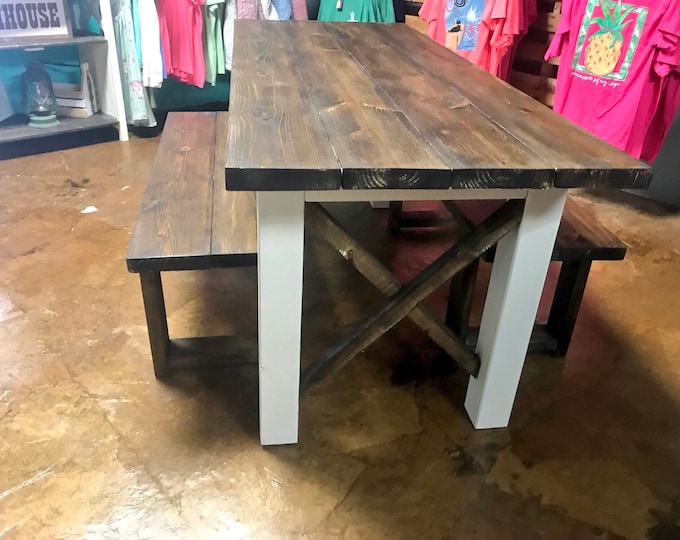 Rustic Wooden Farmhouse Table Set with Dark Walnut Brown Top and Creamy White Base Criss Cross Style Includes Two Benches