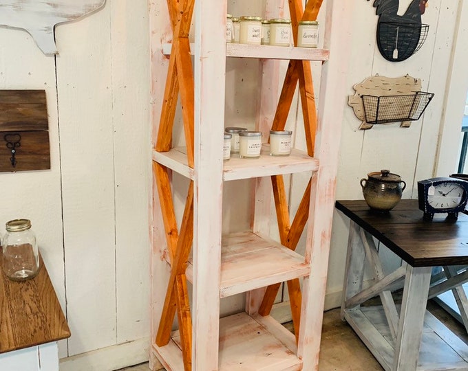 Rustic Farmhouse Style Bookshelf with a Distressed Antique Finish and Gunstock Organge X Accents,  Wooden Shelving Bookcase