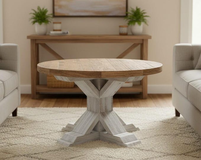 Round Farmhouse Coffee Table Solid Wood Pedestal Rustic Living Room Furniture Distressed Provincial Handmade