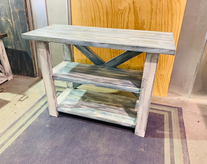 Rustic Farmhouse Entryway Table, Wooden Buffet or Comsole Table, With Worn Navy Shelves, White Distressed Base, X Accent, Beach Decor