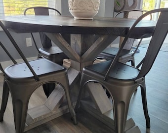 Round Farmhouse Table Set with Chairs, Single Pedestal  Style Base, Dark Walnut Brown Top with Gray Base, Small Wooden Dining Table