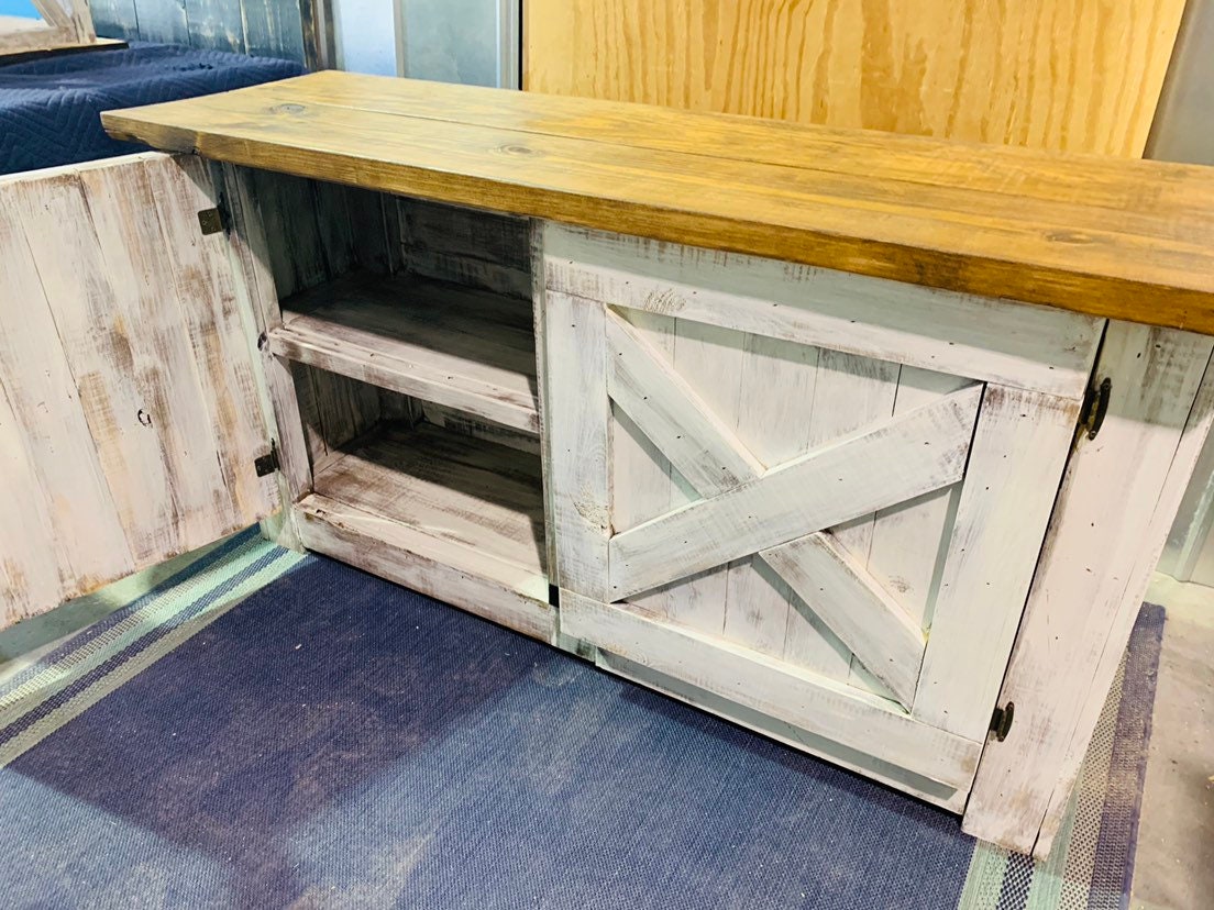 Rustic Farmhouse Buffet Distressed White Base and Provincial Brown Top