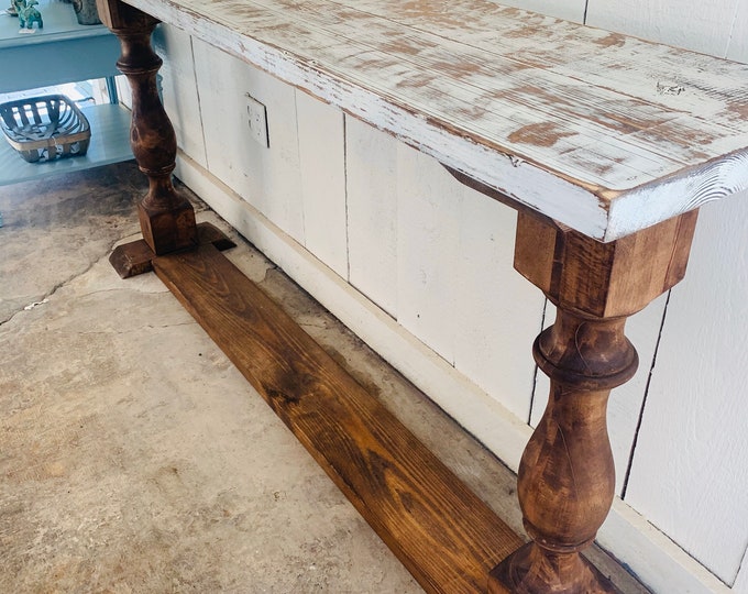 Rustic Farmhouse Entryway Table with shelve and Turned Legs, Provincial Base Weathered White Top, Wooden Sofa Console Table