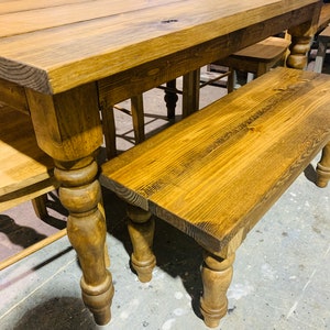 Small Dining Table and Bench - Turned Table Legs - 5ft Dining Room or Kitchen Table - Wooden Rustic Farmhouse Feel