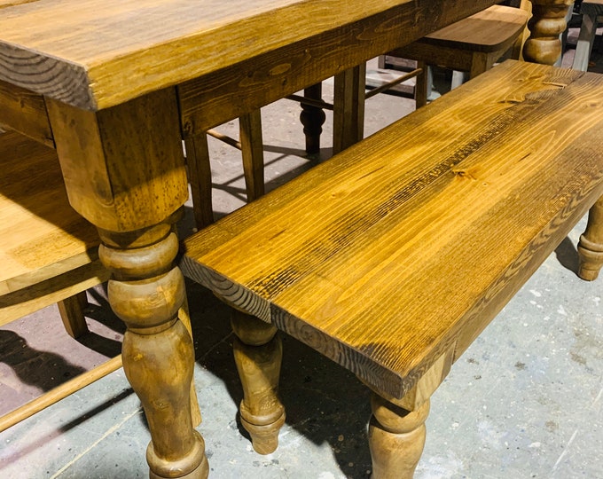 Small Dining Table and Bench - Turned Table Legs - 5ft Dining Room or Kitchen Table - Wooden Rustic Farmhouse Feel