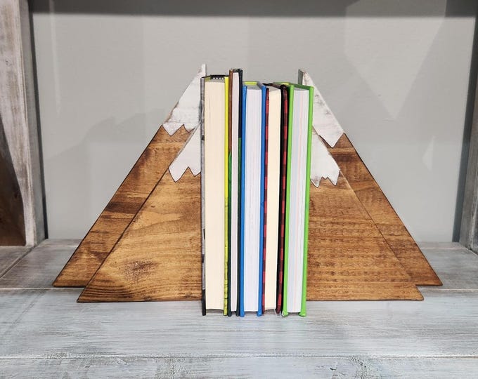 Mountain Bookends - Brown with Snow Capped Tops - Woodend Handmade Bookends and Bookshelf Decor