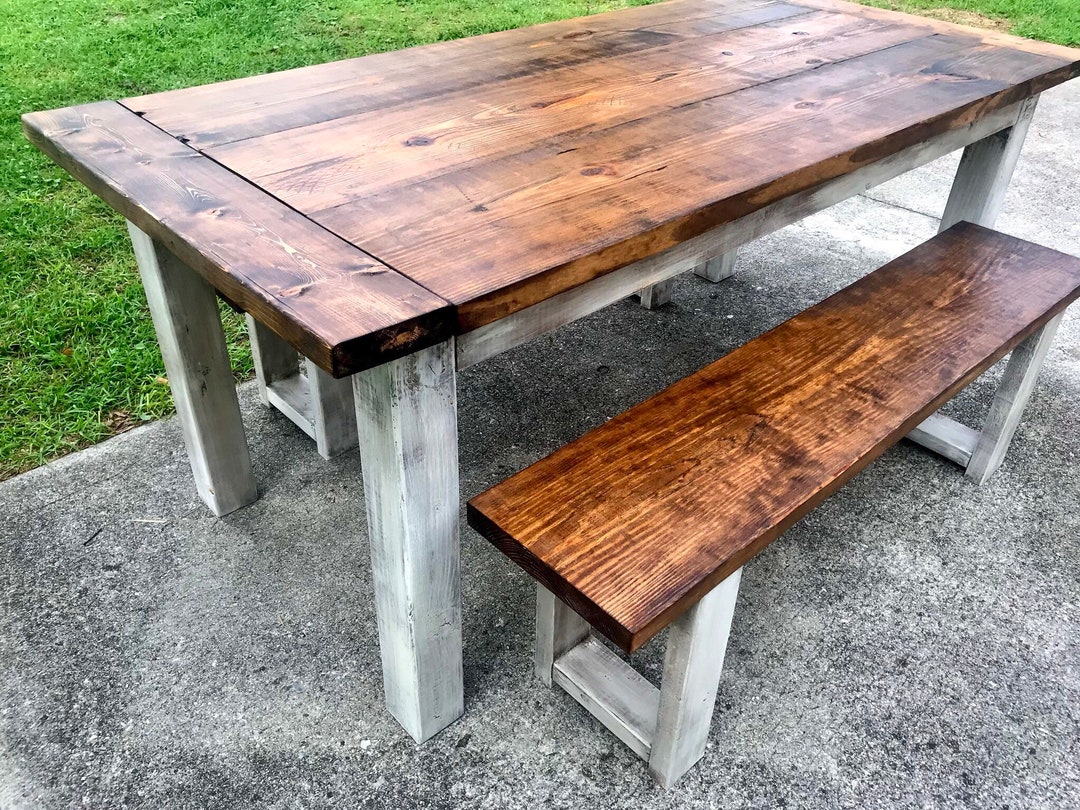 Wooden Farmhouse Table Set Breadboard Ends Provincial Brown Top and ...