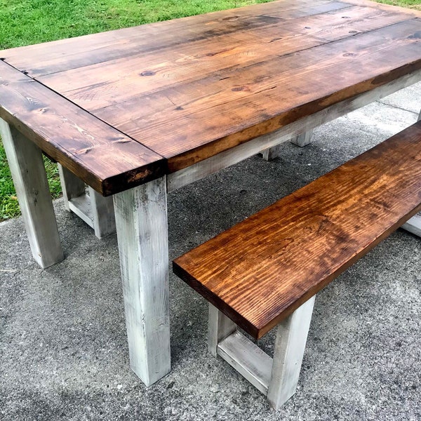 Wooden Farmhouse Table Set Breadboard Ends Provincial Brown Top and White Distressed Base Includes Two Rustic Benches