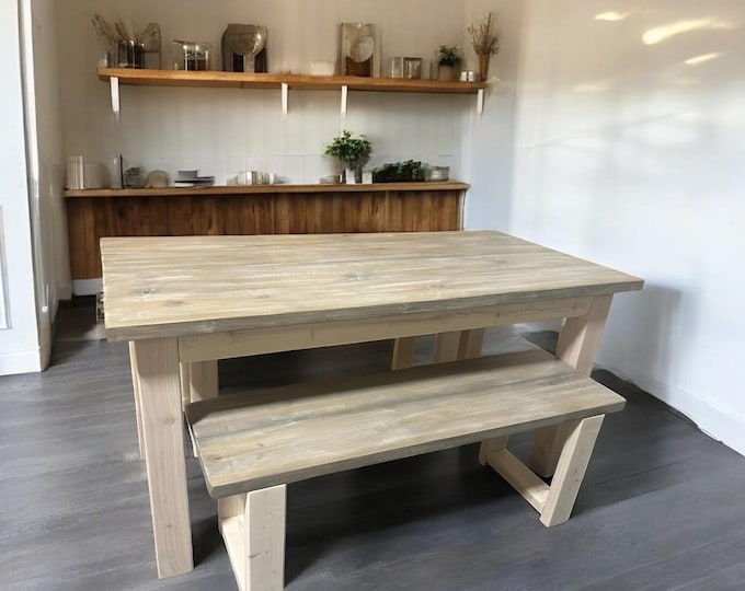 Small Dining Table Set with Table and Benches - Simply White and Gray White Wash - Wooden Kitchen Table Set