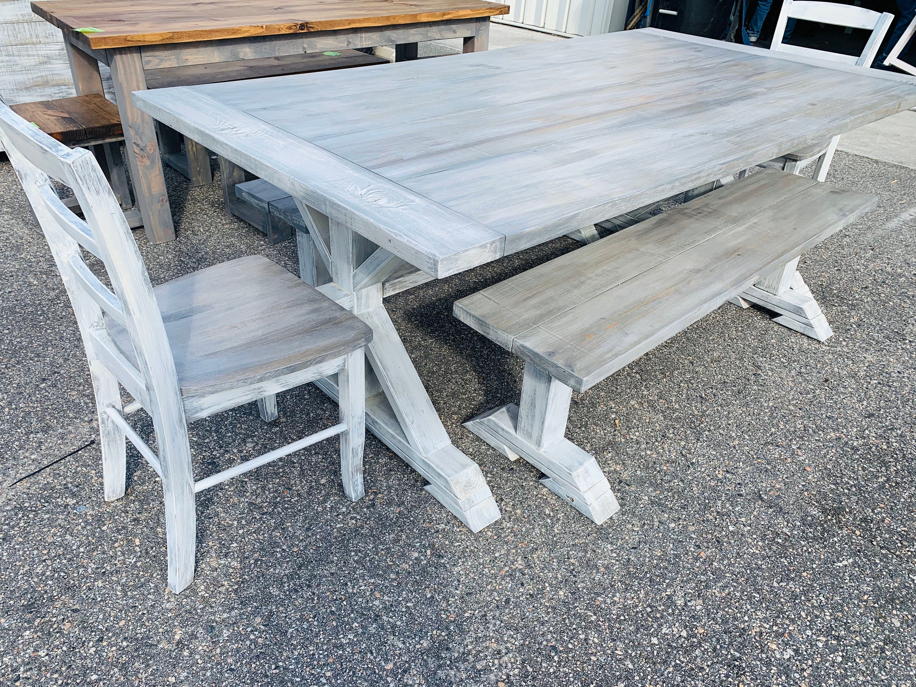 7ft Rustic Farmhouse Table Set With Benches and Chairs and Breadboards, Gray White Wash Finish 