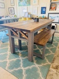 Wooden Farmhouse Table Set with Provincial Brown Top and Classic Gray Base Criss Cross Style Includes Two Benches, Modern Set