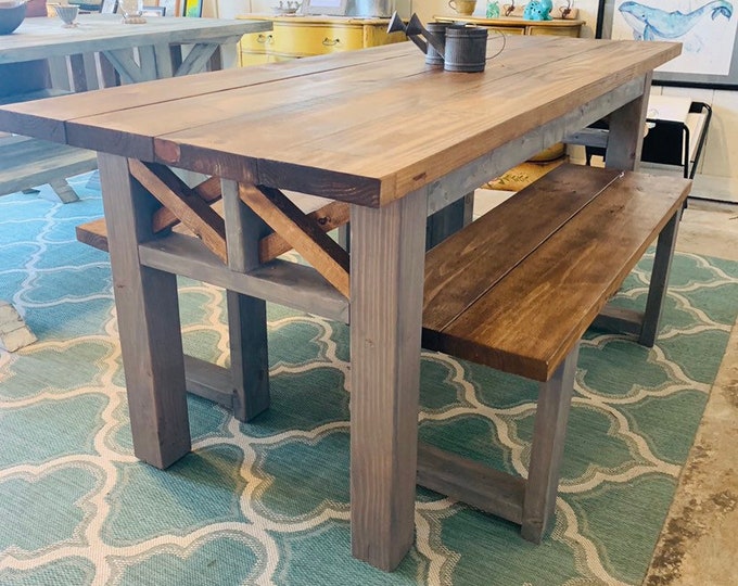 Wooden Farmhouse Table Set with Provincial Brown Top and Classic Gray Base Criss Cross Style Includes Two Benches, Modern Set