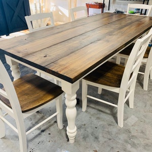 7ft Farmhouse Table with Chairs and Turned Legs, Dark Walnut Top and Antique White Base, Wooden Dining Table