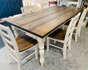 7ft Farmhouse Table with Chairs and Turned Legs, Dark Walnut Top and Antique White Base, Wooden Dining Table