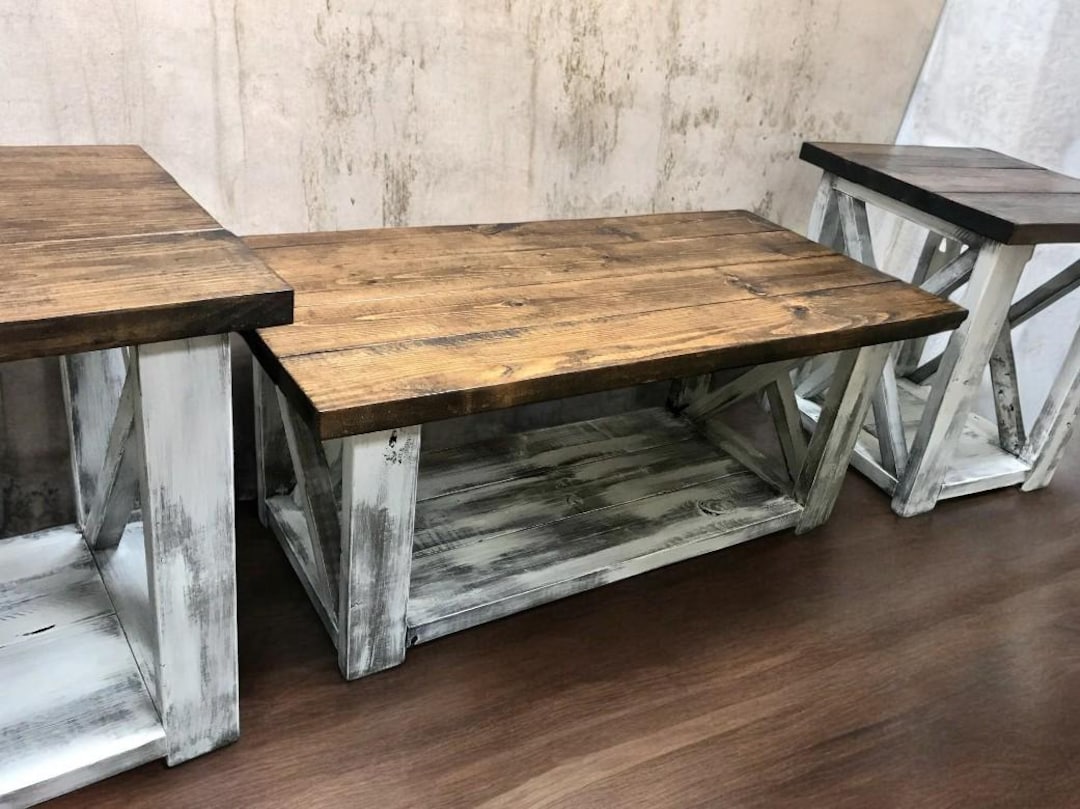 Farmhouse Living Room Set Rustic Distressed White Dark Walnut Tops Wooden Coffee Table and End Tables Etsy
