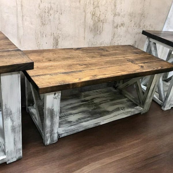 Farmhouse Coffee Table and End Tables: Rustic Distressed White, Dark Walnut